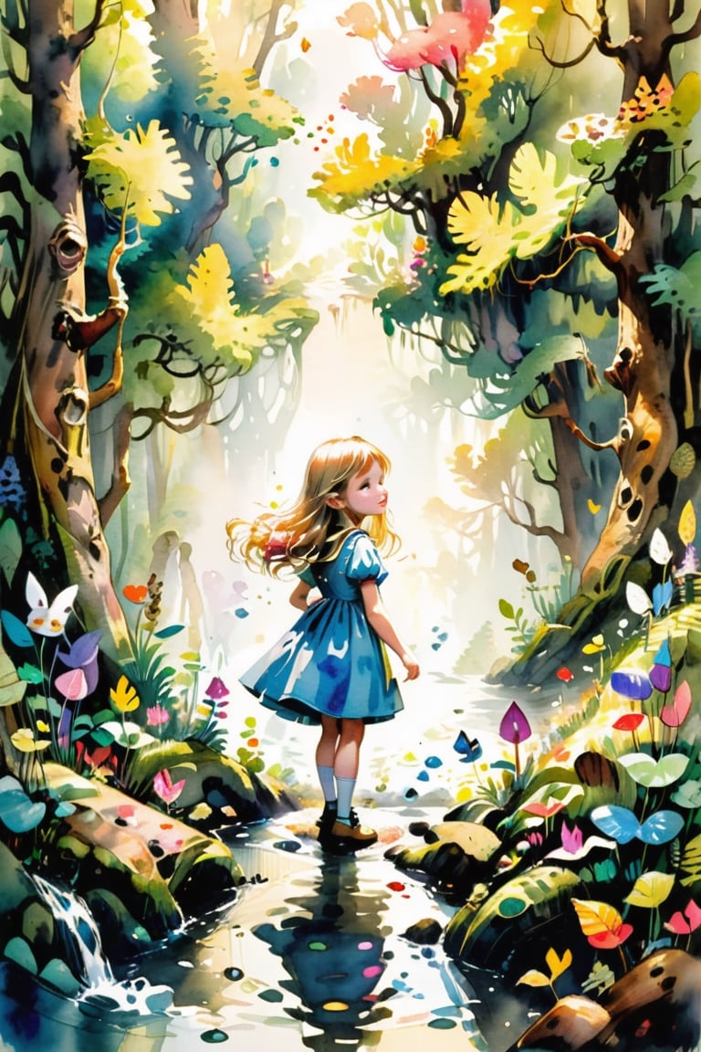 1girl, Alice in Wonderland, in the forest, in the style of Beatrix Potter,colorful,water color,watercolor