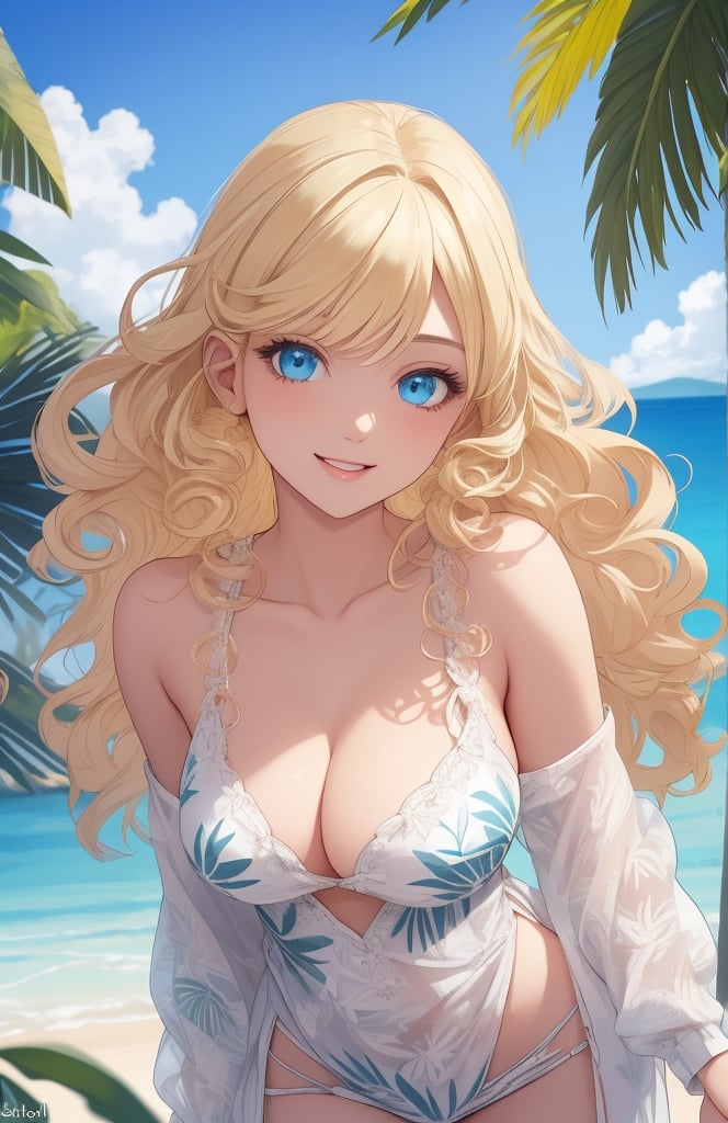 best quality, masterpiece, detailed, 16k, beautiful detailed face, beautiful detailed eyes, 8k, femalesolo, prefect body, prefect face, A tropical girl, long blonde curly hair, white tropical outfit, casual outfit, outdoor, blue sky, beautiful fantasy tropics, sweet smile, tropical scenery, niji,Colors