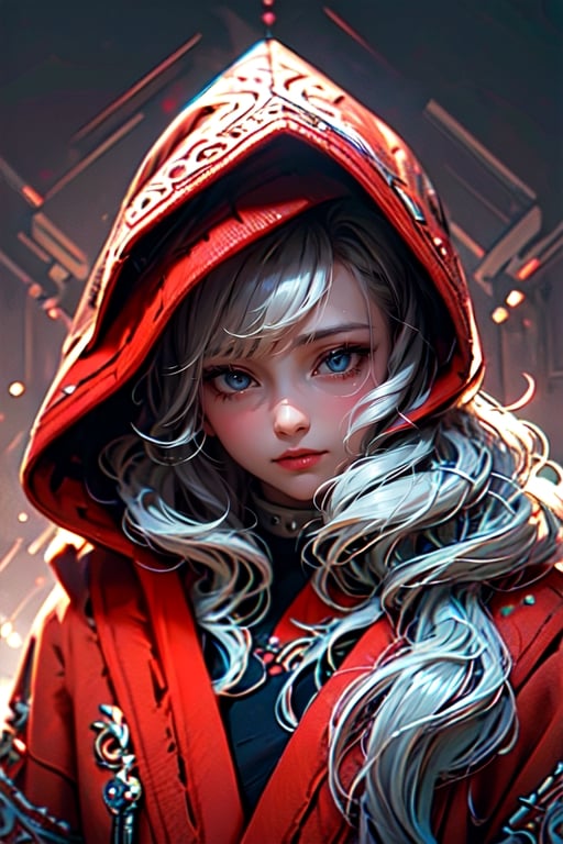 A girl with long blonde hair, with detailed ornate fur hooded kimono, red hooded kimono, miniskirt, fantasypunk. (Cinematic lighting, ethereal light, intricate details, extremely detailed, incredible details, full colored), complex details, hyper maximalist, gorgeous light and shadow, detailed decoration, detailed lines. masterpiece, best quality, HDR, UHD, unreal engine. looking at the camera, fair skin, beautiful face, (beautiful eyes:1.5), perfect eyes, detailed eyes, beautiful nose,rayen dress, head to thigh