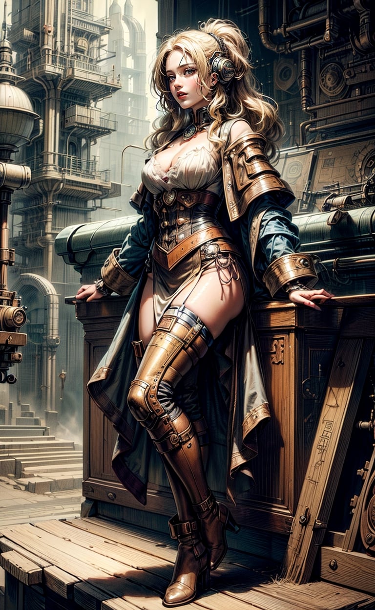 1girl, steampunk style, flowing blonde hair, boots,  detailed steampunk background, (masterpiece, top quality, best quality, official art, beautiful and aesthetic:1.2), extreme detailed, cinematic Lighting, ethereal light, intricate details, extremely detailed, incredible details, full colored, complex details, hyper maximalist, gorgeous light and shadow, detailed decoration, detailed lines. masterpiece, best quality, HDR, UHD, fair skin, beautiful face,davincitech,scifi,by leonardo da vinci