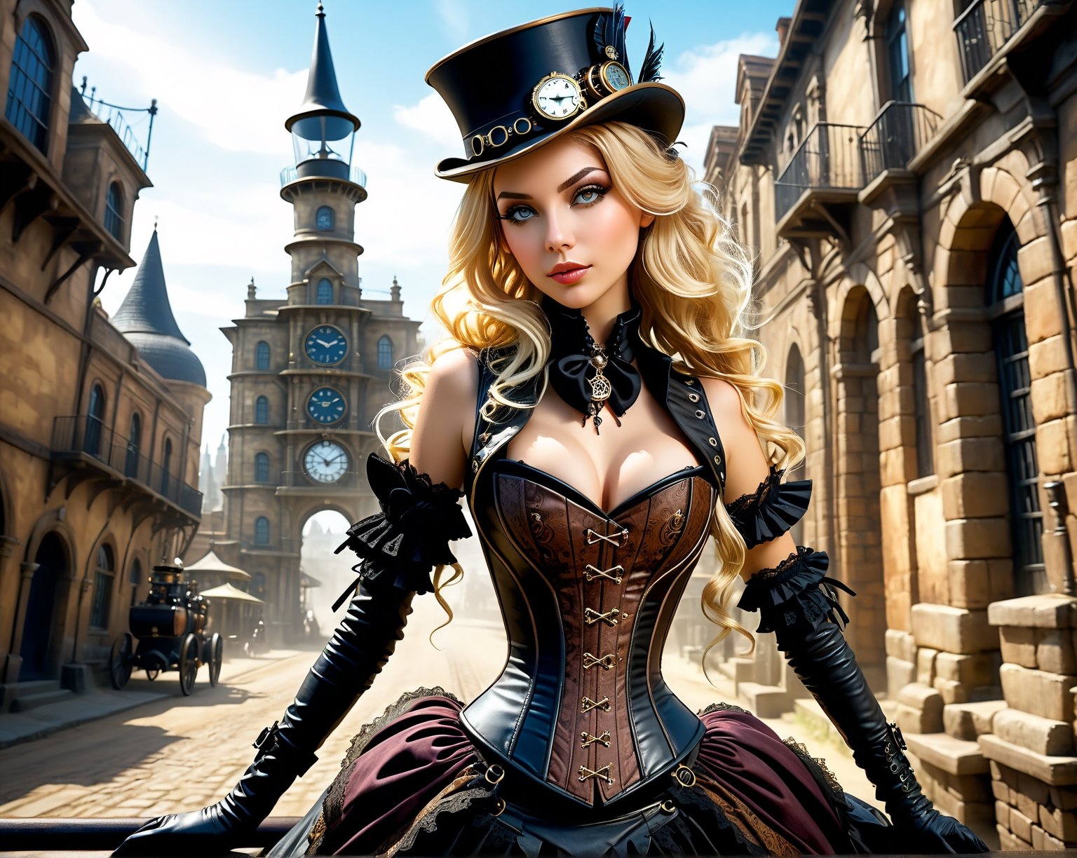 A sultry steampunk lady, clad in a corseted bodice and lace-trimmed bustle skirt. leather gloves, top hat, dteampunk vehicle, ancient city, (masterpiece, top quality, best quality, official art, beautiful and aesthetic:1.2), (1girl:1.4), blonde hair, extreme detailed, highest detailed, highres, natural volumetric lighting and best shadows, highly detailed face, highly detailed facial features, ,Tim Burton Style
