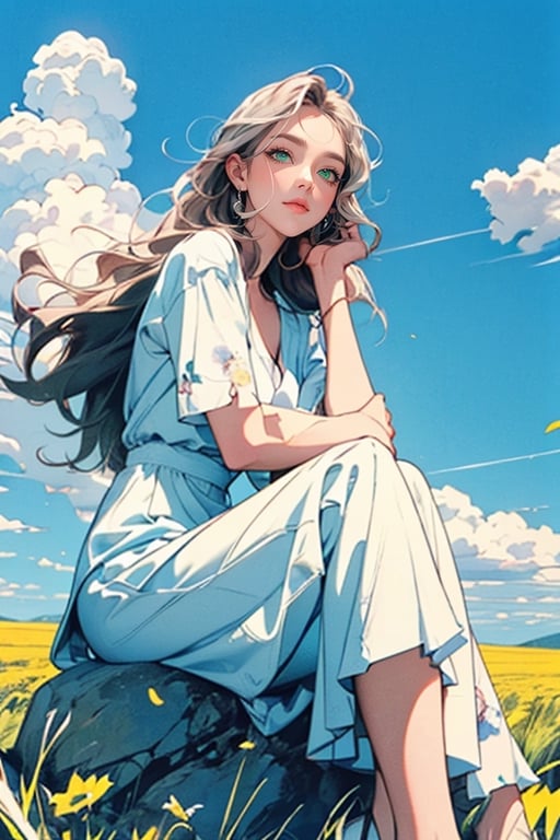 A mesmerizing girl sitting on a rock and a field full of flowers. (Masterpiece, top quality, best quality, official art, beautiful and aesthetic:1.2), (1girl:1.4), portrait, extreme detailed, highest detailed, photorealistic, blue sky, white cloud, yellow dress, smile, happy, full body shot