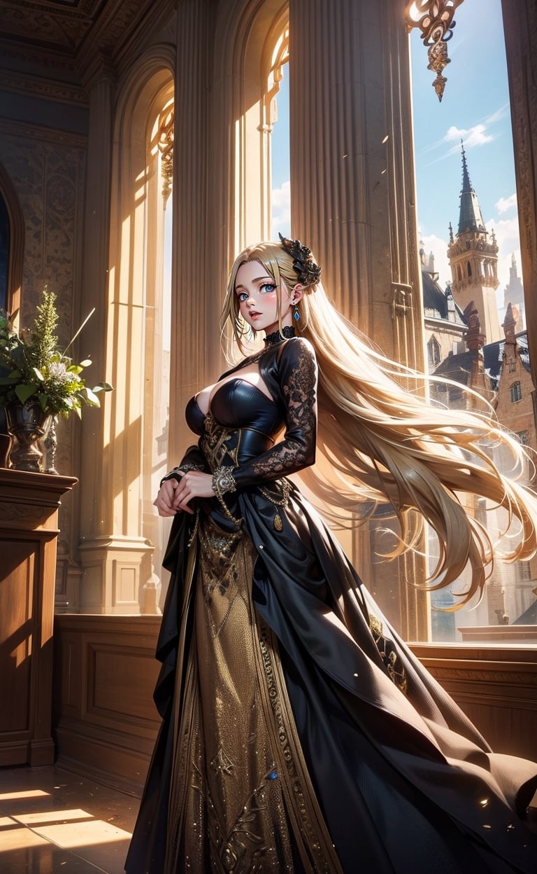 A girl with long blonde hair, wearing a fancy ornate dress. fantastical and ethereal scenery, daytime, Tudor mansion, Intricate details, extremely detailed, incredible details, full colored, complex details, hyper maximalist, detailed decoration, detailed lines. masterpiece, best quality, HDR,