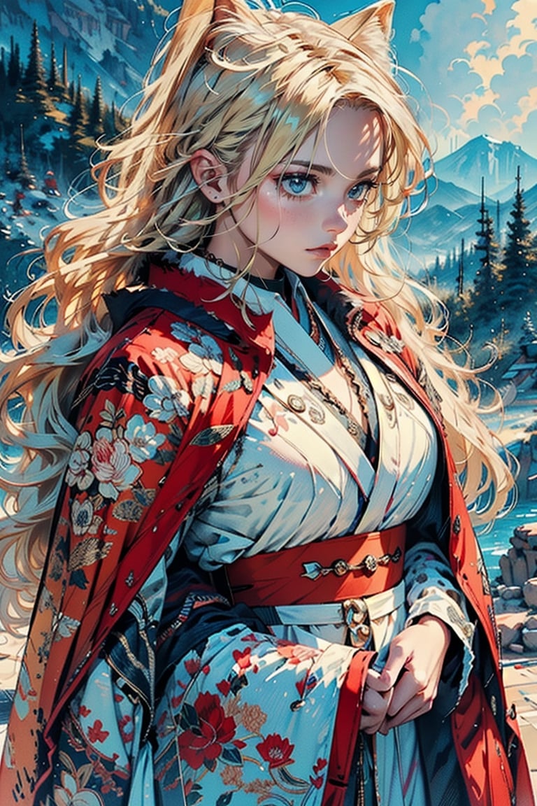 A cool girl with long blonde hair, wearing a fancy ornate (red and white) dress that combines a kimono and a fur cape, miniskirt, (scenery). intricate details, extremely detailed, incredible details, full colored, complex details, hyper maximalist, detailed decoration, detailed lines. masterpiece, best quality, HDR, UHD,SharpEyess