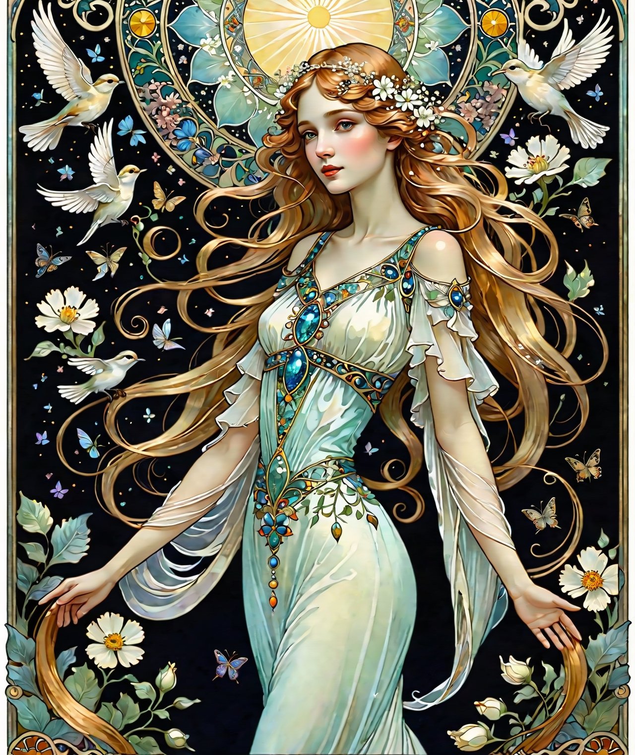 || Tarot card with art deco frame, an oil painting, (featuring a girl, in the garden, depicted as a radiant maiden adorned in a diaphanous white gown woven from delicate petals and leaves, with blossoms entwined in her flowing hair. Around her, the air is filled with the sweet scent of blossoms and the melodious songs of birds, evoking a sense of enchantment and tranquility in her presence, soft glow of sunlight, 1girl, solo) || best quality, stunning illustration, mysterious and detailed image, (in the style of Alfons Maria Mucha), (Art Nouveau), ultra highly detailed, mystical, luminism, flowers, complex background, (tarot card:1.4), (masterpiece, top quality, best quality, official art, beautiful and aesthetic:1.2), (fractal art:1.3), (colorful:1.5), highest detailed, (aristocracy:1.2), more detail XL, SFW, (Art Nouveau style), le style Mucha ,colorful