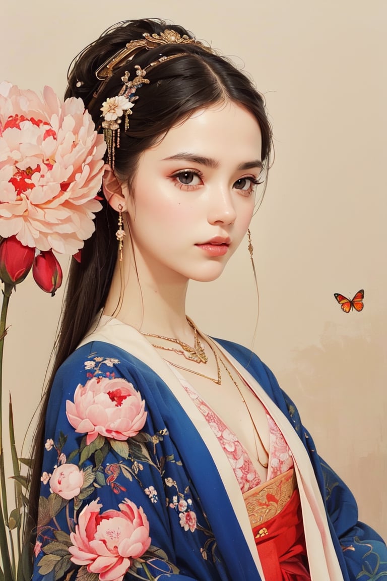 A girl, wearing hanfu, peony garden, butterfly, (negative space:1.4), fusion of art nouveau styles with gongbi painting, gold and white and red hue, Mucha style, (Cinematic lighting, ethereal light, intricate details, extremely detailed, incredible details, full colored), complex details, hyper maximalist, gorgeous light and shadow, detailed decoration, detailed lines. masterpiece, best quality, HDR, UHD, unreal engine. looking at the camera, fair skin, beautiful face,