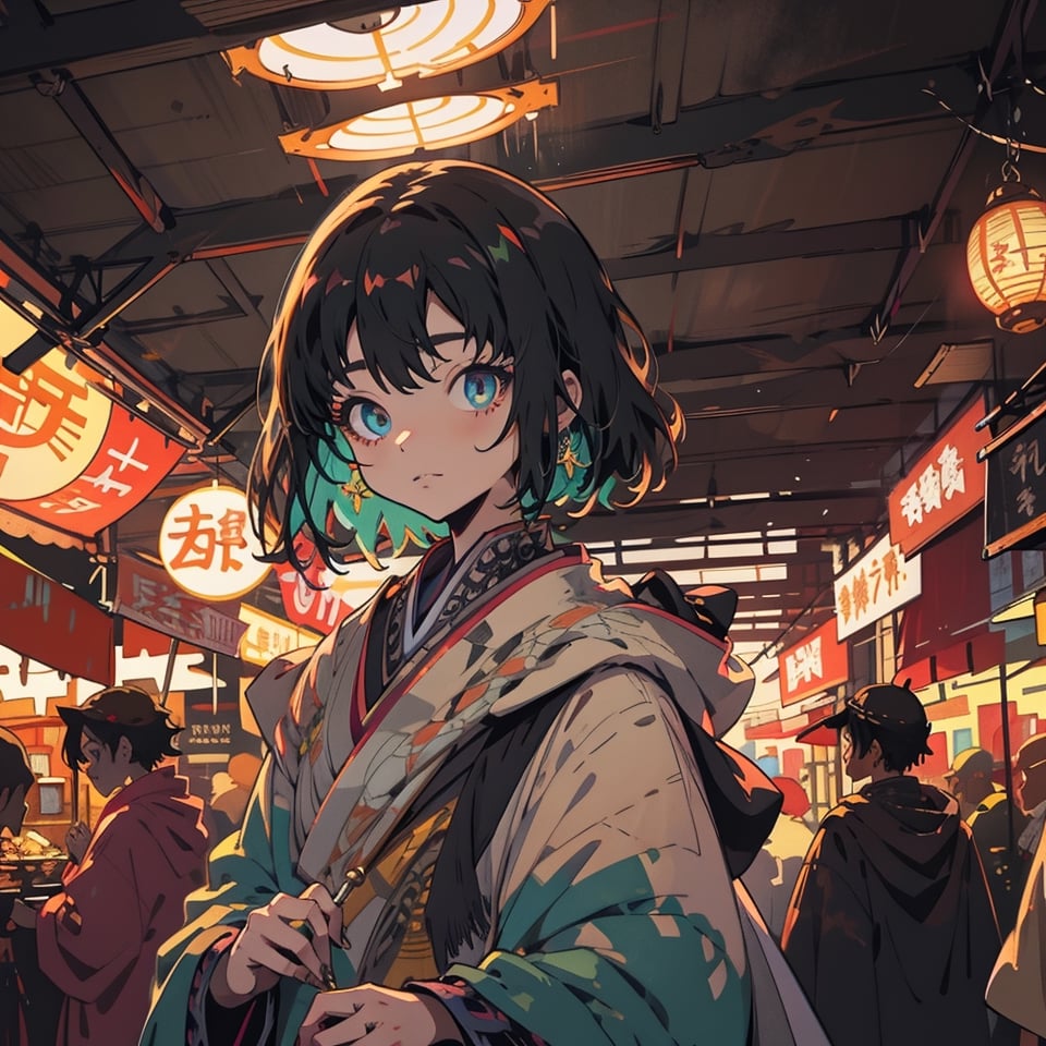 Ghibli anime style, "Spirited Away" style. A girl in a dark night market, with illuminated by warm lights. The whole atmosphere seems mysterious. (Cinematic lighting, ethereal light, intricate details, extremely detailed, incredible details, full colored), complex details, hyper maximalist, gorgeous light and shadow, detailed decoration, detailed lines. masterpiece, best quality, HDR, UHD, unreal engine. looking at the camera, fair skin, beautiful face, (beautiful eyes:1.5), perfect eyes, detailed eyes, beautiful nose, dim tones,