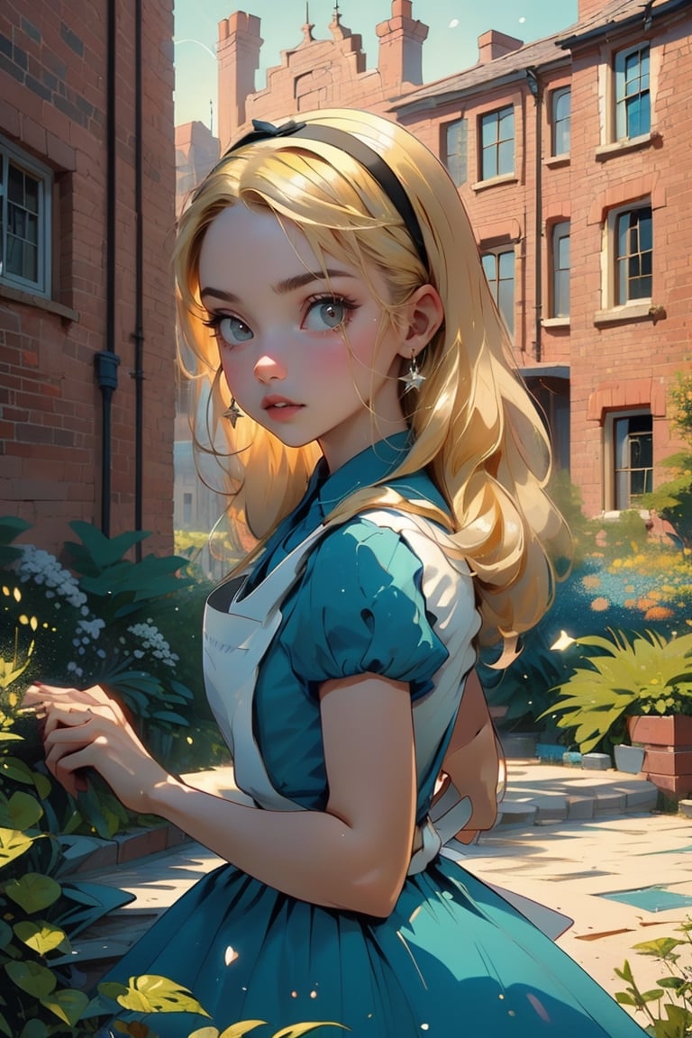 (1 girl:1.2), blue dress, white apron, black hairband, garden tea party, pastel colors, light particles, lighting, (highly detailed:1.2),(detailed face:1.2), (gradients), (detailed landscape, vegetation, bricks, carpet, buildings:1.2), (detailed background), detailed landscape, (dynamic pose:1.2), (rule of third_composition:1.3), (Line of action:1.2), daylight,AliceWonderlandWaifu,portrait,