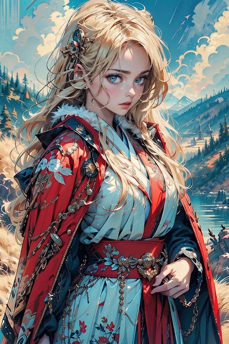 A cool girl with long blonde hair, wearing a fancy ornate (red and white) dress that combines a kimono and a fur cape, miniskirt, (scenery). intricate details, extremely detailed, incredible details, full colored, complex details, hyper maximalist, detailed decoration, detailed lines. masterpiece, best quality, HDR, UHD,SharpEyess,CLIP SKIP: 2