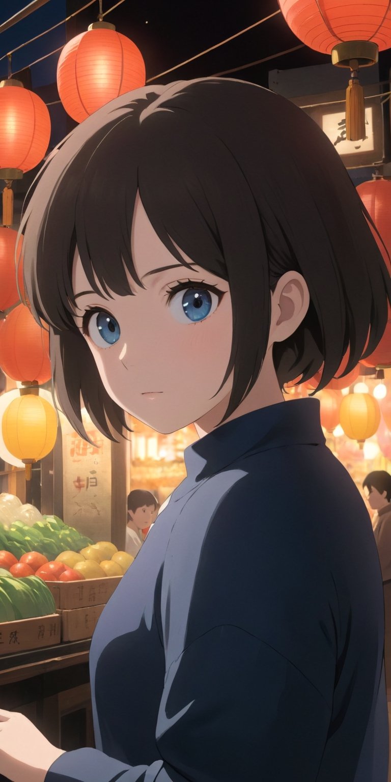 Ghibli anime style, "Spirited Away" style. A girl in a dark night market, with illuminated by warm lights. The whole atmosphere seems mysterious. (Cinematic lighting, ethereal light, intricate details, extremely detailed, incredible details, full colored), complex details, hyper maximalist, gorgeous light and shadow, detailed decoration, detailed lines. masterpiece, best quality, HDR, UHD, unreal engine. looking at the camera, fair skin, beautiful face, (beautiful eyes:1.5), perfect eyes, detailed eyes, beautiful nose, dim tones,StdGBRedmAF