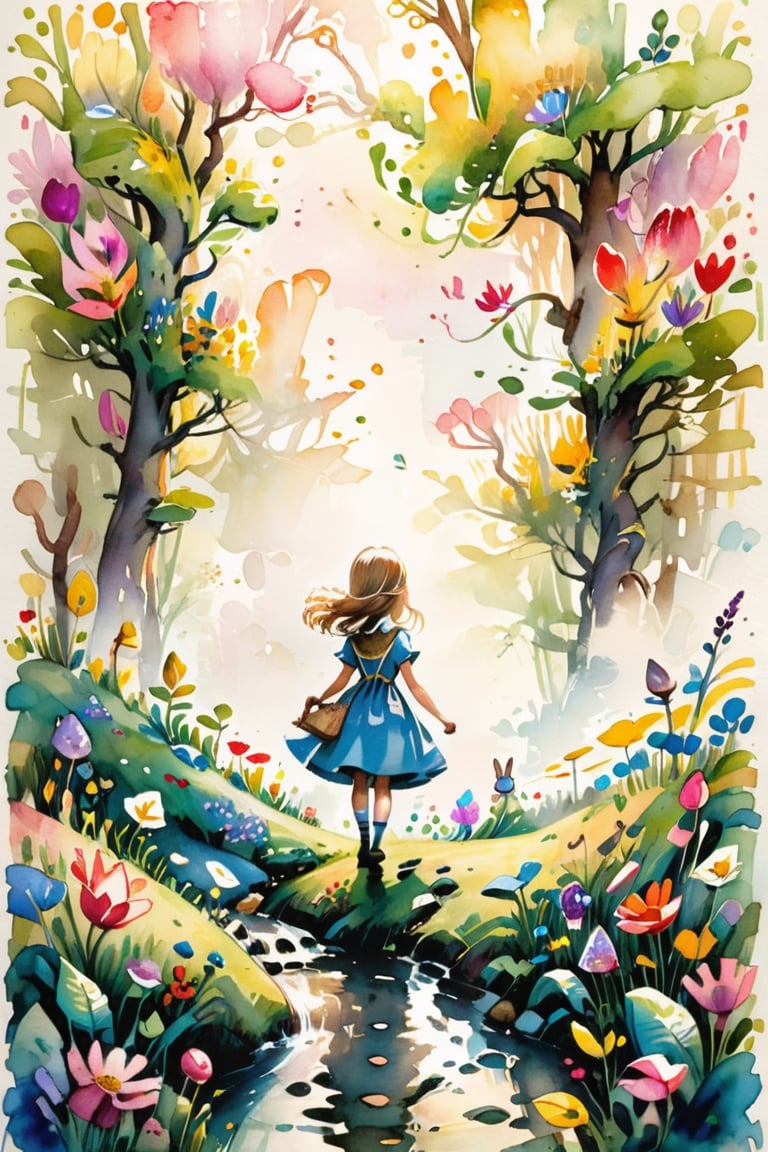 1girl, Alice in Wonderland, in the  vibrant meadows, in the style of Beatrix Potter,colorful,water color,watercolor