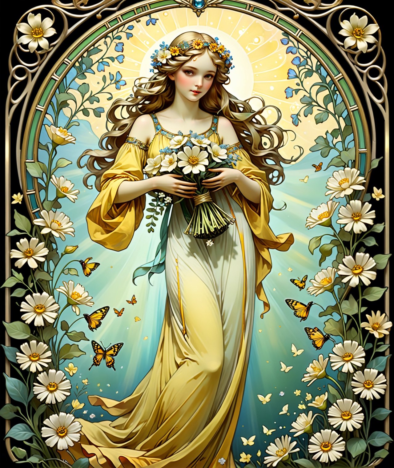 || Tarot card with art deco frame, an oil painting, (featuring the goddess of goddess of flowers, Chloris, in the garden, embodying the essence of natural beauty and floral abundance. She is depicted as a radiant maiden adorned in a diaphanous yellow gown woven from delicate petals and leaves, with blossoms entwined in her flowing hair. Her complexion glows with a soft, ethereal light, mirroring the gentle hues of the flowers she represents. In her hands, she holds a wreath of vibrant blooms, her fingers delicately weaving the fragrant blossoms into intricate patterns. Around her, the air is filled with the sweet scent of blossoms and the melodious songs of birds, evoking a sense of enchantment and tranquility in her presence, 1girl, solo) || best quality, stunning illustration, mysterious and detailed image, (in the style of Alfons Maria Mucha), (Art Nouveau), ultra highly detailed, mystical, luminism, flowers, complex background, (tarot card:1.4), (masterpiece, top quality, best quality, official art, beautiful and aesthetic:1.2), (fractal art:1.3), (colorful:1.5), highest detailed, (aristocracy:1.2), more detail XL, SFW, (Art Nouveau style), le style Mucha 
