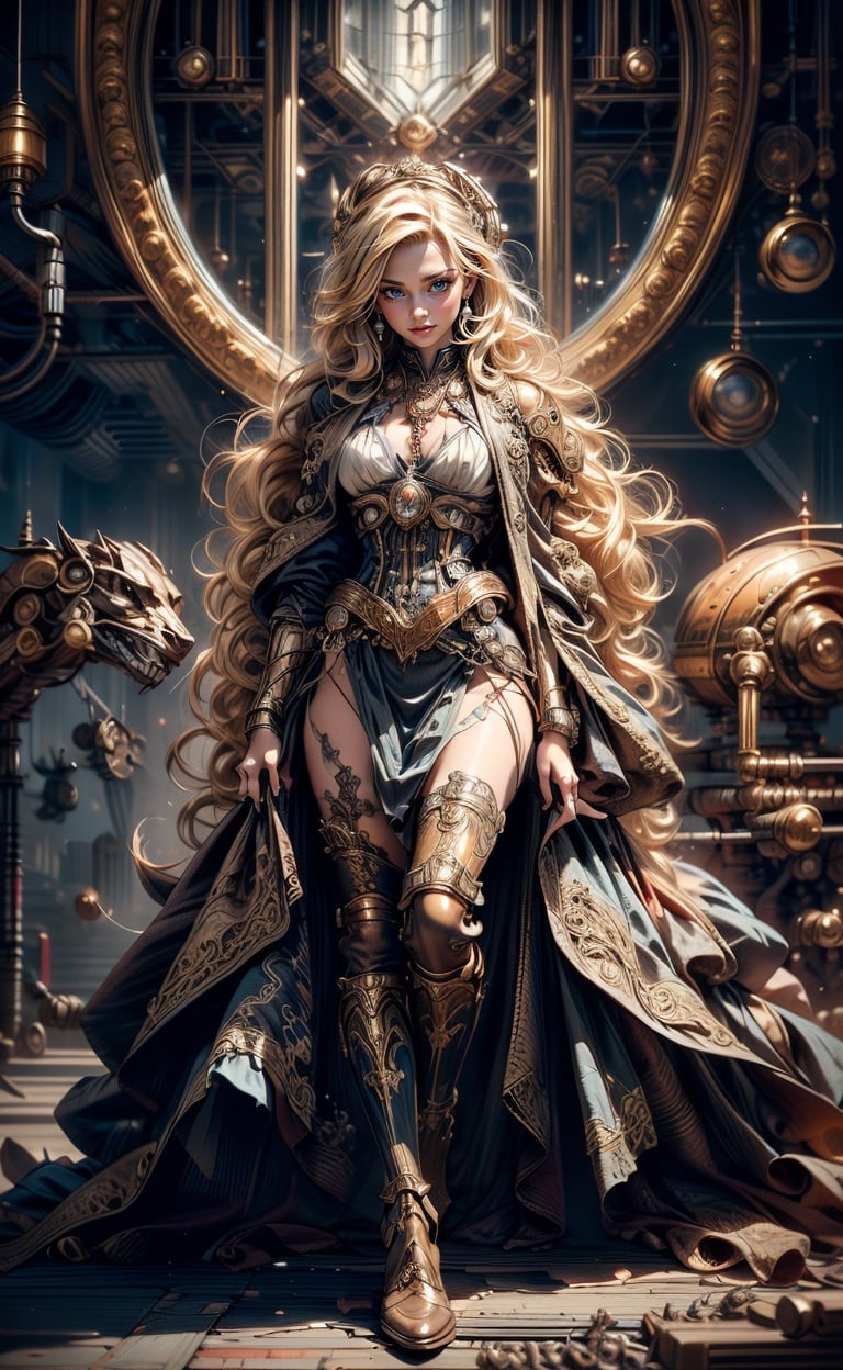 1girl, steampunk style, flowing blonde hair, boots,  detailed steampunk background, (masterpiece, top quality, best quality, official art, beautiful and aesthetic:1.2), extreme detailed, cinematic Lighting, ethereal light, intricate details, extremely detailed, incredible details, full colored, complex details, hyper maximalist, gorgeous light and shadow, detailed decoration, detailed lines. masterpiece, best quality, HDR, UHD, fair skin, beautiful face,davincitech,scifi,by leonardo da vinci,midjourney