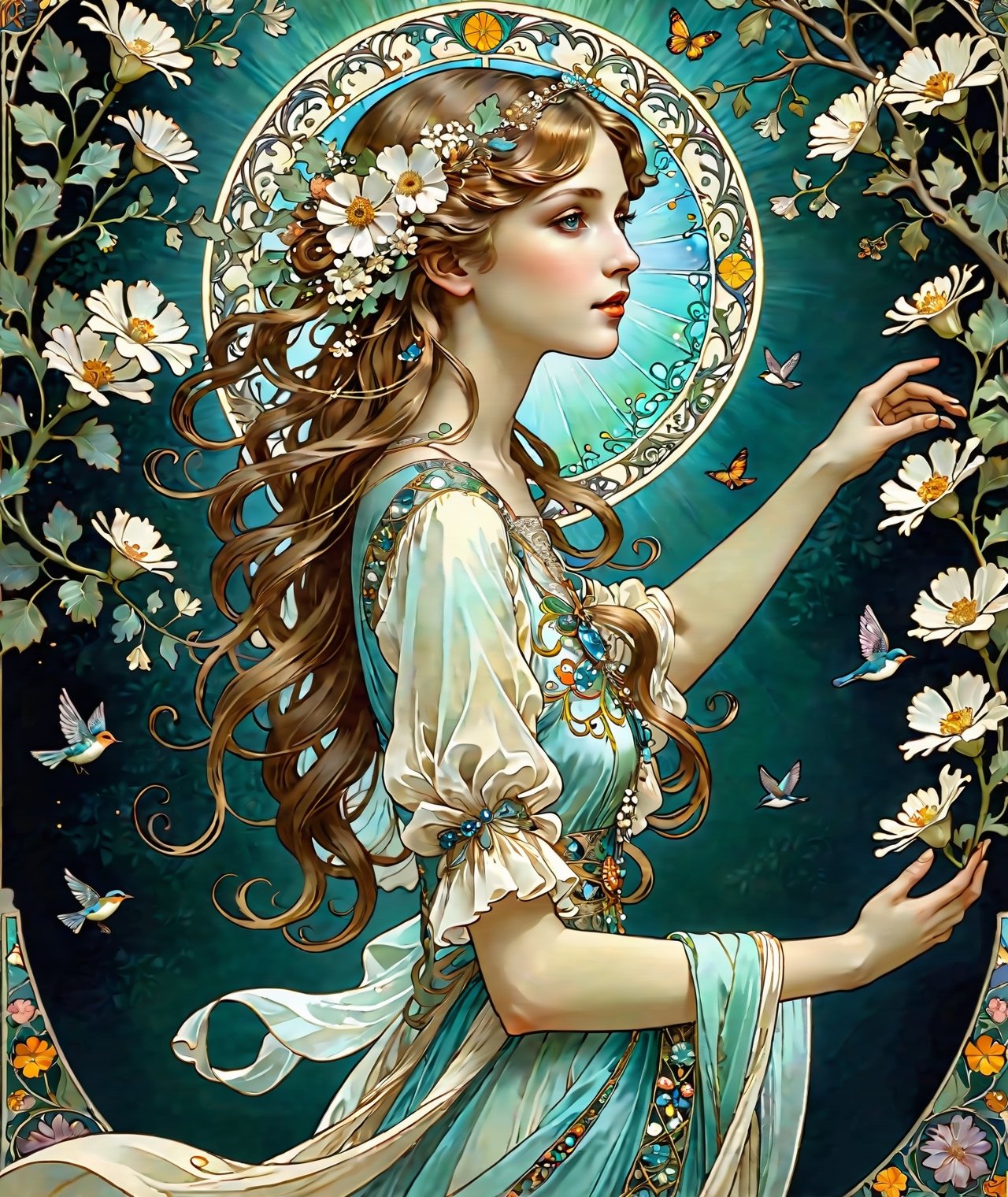 || The Art Nouveau Poster with art deco frame, an oil painting, (featuring a girl, in the garden, depicted as a radiant maiden adorned in a diaphanous white gown woven from delicate petals and leaves, with blossoms entwined in her flowing hair. Around her, the air is filled with the sweet scent of blossoms and the melodious songs of birds, evoking a sense of enchantment and tranquility in her presence, soft glow of sunlight, 1girl, solo) || best quality, stunning illustration, mysterious and detailed image, (in the style of Alfons Maria Mucha), (Art Nouveau), ultra highly detailed, mystical, luminism, flowers, complex background, (tarot card:1.4), (masterpiece, top quality, best quality, official art, beautiful and aesthetic:1.2), (fractal art:1.3), (colorful:1.5), highest detailed, (aristocracy:1.2), more detail XL, SFW, (Art Nouveau style), le style Mucha, modern poster arts,colorful,color art