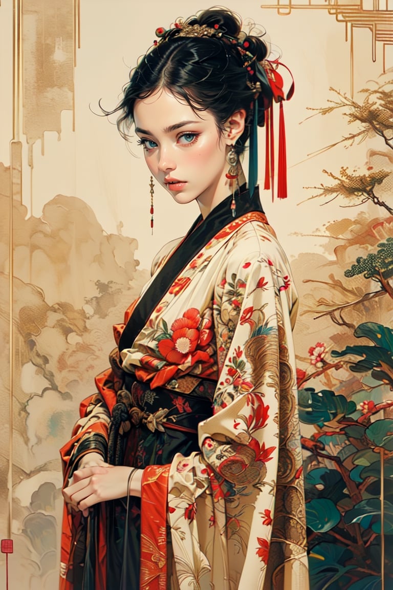 A girl, wearing hanfu, (standing:1.4), (negative space:1.4), gold and white and red hue, (Cinematic lighting, ethereal light, intricate details, extremely detailed, incredible details, full colored), complex details, hyper maximalist, gorgeous light and shadow, detailed decoration, detailed lines. masterpiece, best quality, HDR, UHD, unreal engine. looking at the camera, fair skin, beautiful face, xuer ai yazawa style girl,gongbi style
