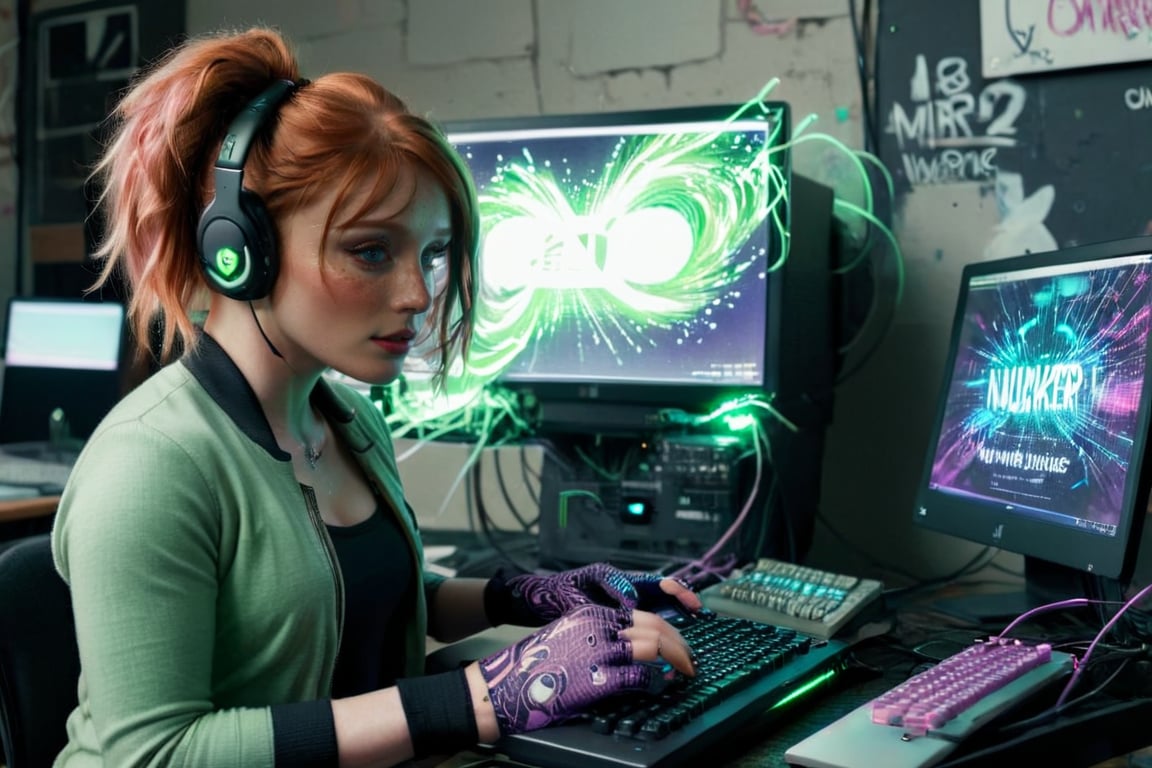 perfect hd photography, 1girl, solo,  Bryce Dallas-Howard face, upper body shot, 
Punk dark hacker den full of computers and graffiti, pastel green pink purple color palette, 

Irish,
freckled face,
Athletic body,
t-shirt, tweed blazer, headphones, gloves,
(((updo wavy ginger hair))),

using a computer, (((Glowing streams of numbers and letters swirl around her fingertips))), she is a techno make hacker altering reality through her computer.,photorealistic,movie still,DsktneXL,a photo, film still,cinematic, cinematic shot,cinematic lighting,macro shot,35mm film,Rembrandt Lighting Style,cybr-xl,in the style of franck-bohbot