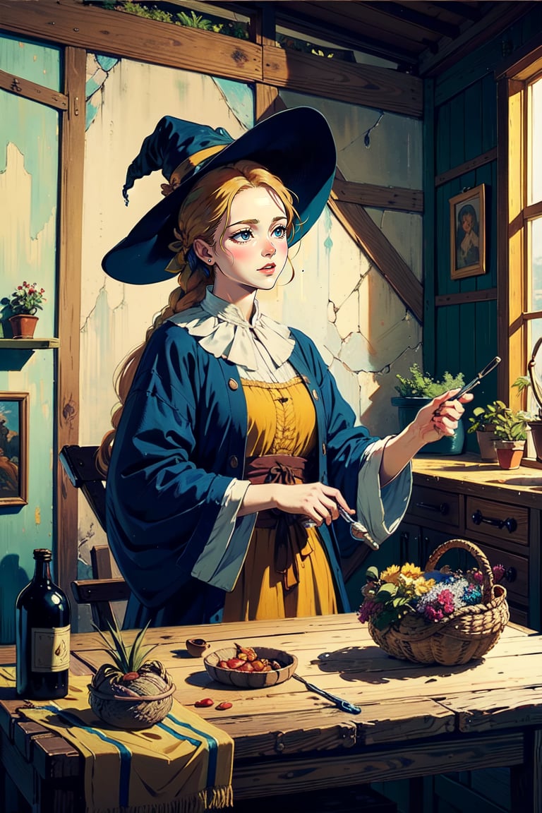 1girl, a medieval witch, makng a magic potion, various potion-making tools, dried herbs and plants, woven baskets, spring color palette, medieval traditional attire, magic potions, by Vermeer. masterpiece,More Detail, vivid colors, (masterpiece, top quality, best quality, official art, beautiful and aesthetic:1.2), extreme detailed, highest detailed, ,Colors,Color Booster,oil painting,classic painting