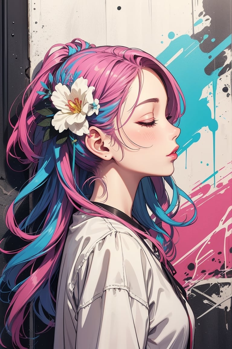 1girl, solo, long hair, hair ornament, blue hair, closed eyes, pink hair, flower, multicolored hair, hair flower, from side, eyelashes, profile, makeup, lipstick, portrait, red lips, colorful, rainbow hair,  (white backgound:1.4), high resolution, high contrast, abstract, masterpiece, high quality,  street art, casual outfit, vibrant, urban, detailed, tag, mural,graffiStyle, 