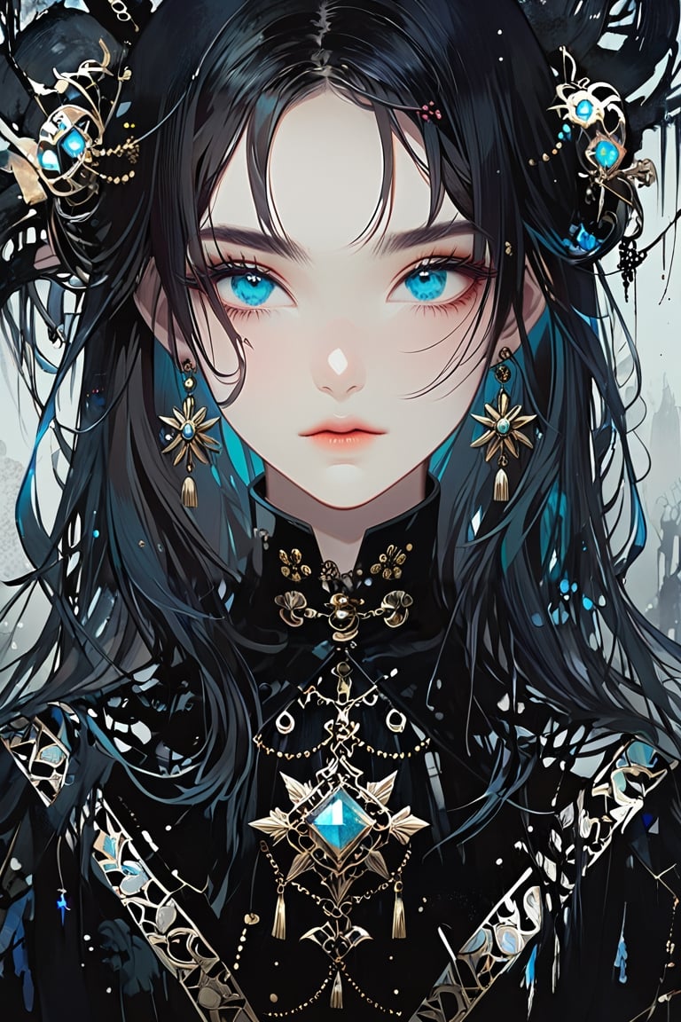 1girl, solo, long hair, looking at viewer, blue eyes, simple background, hair ornament, hair between eyes, jewelry, upper body, earrings, lips, fur trim, eyelashes, gem, tassel, portrait, beads, Yanjun Cheng style, hazy beauty, emo, (sharp eyes:1.4), (rebellious:1.4), (fierce:1.4), tight lips. Intricate earrings, dirty worn hardcore style, long boots, creating a magical style, high brightness and low color palette, masterpiece,dark,emo,dark moody atmosphere