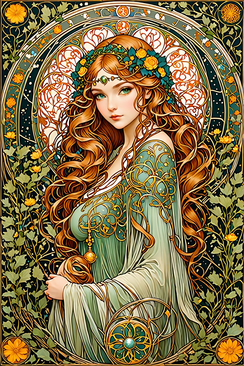 Create a captivating scene inspired by Mucha's 'Zodiac', featuring a grand wheel adorned with lush greenery and flowers, depicting the twelve zodiac signs in intricate detail. Symbolizing the passage of a year, the wheel is accompanied by a large disc and a crescent moon, representing day and night. While the focus is on the zodiac, the central figure, a woman dressed in opulent attire adorned with exquisite headpieces and dazzling jewelry, steals the spotlight with her alluring gaze and flowing locks, showcasing the hallmark of Art Nouveau style. Create unusual shapes in the style of Gustav Klimt and Alphonse Mucha,