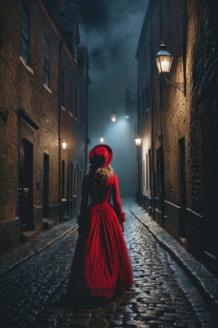 black and white photo, in a cobblestone alley of 18th century London at night, with no people, no lights, lots of fog, a girl walks down the street in red evening dress blown by the wind, a red hat, mysterious atmosphere, (masterpiece, top quality, best quality, official art, beautiful and aesthetic:1.2), (1girl:1.4), portrait, extreme detailed, highest detailed, simple background, 16k, high resolution, perfect dynamic composition, bokeh, (sharp focus:1.2), super wide angle, high angle, high color contrast, medium shot, depth of field, blurry background, low light, mysterious scene, sleepy hollow style, moody colors,dark,dark moody atmosphere,