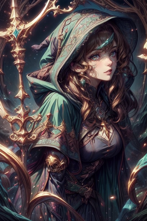 (1girl:1.4), in magic potion shop, (masterpiece, top quality, best quality, official art, beautiful and aesthetic:1.2), upper body, brown hair, extreme detailed, highest detailed, dynamic pose, head to thigh, (beautiful witch with wavy hair), dark green cloak, cape, hood, (medieval fantasy), herbs, crystals, potions, (close up shot, face focused)