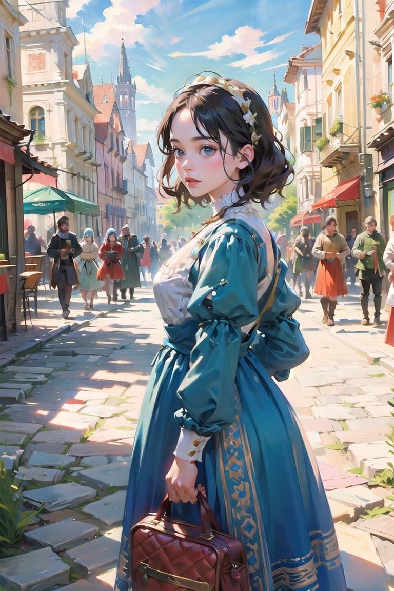 A medieval girl in traditional dress, in a town square, mysterious medieval, masterpiece,High detailed,watercolor,polish dress,edgRenaissance,wearing edgRenaissance, festival, medieval bacchanalia, 