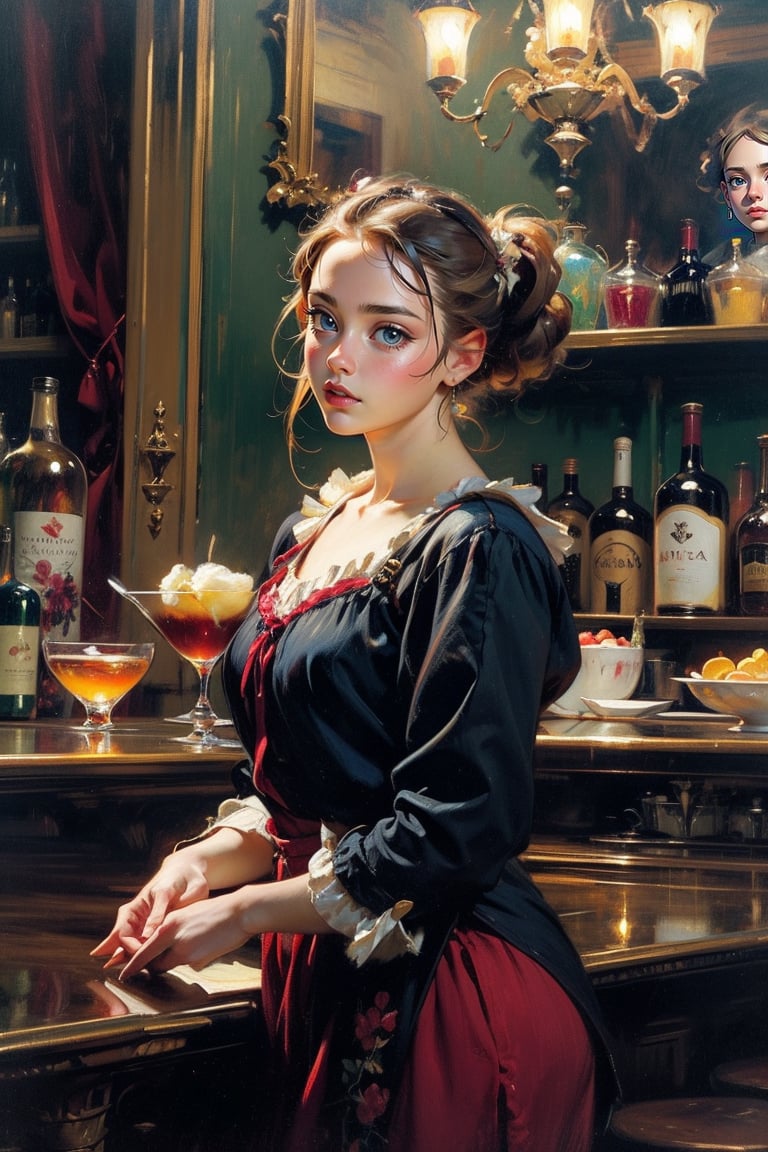 In a bustling Parisian bar with a female bartender and patrons engaged in lively conversations, with reflections of the barmaid and the surrounding atmosphere in the mirrors behind. Capturing the essence of Manet's 'A Bar at the Folies-Bergeres' ,
(masterpiece, top quality, best quality, official art, beautiful and aesthetic:1.2), extreme detailed, highest detailed, ,Masterpiece,Color Booster