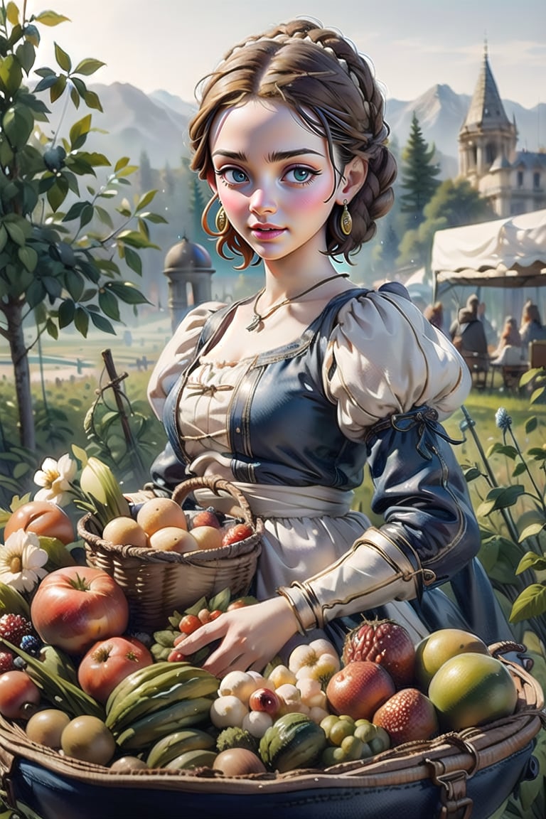 A medieval girl in traditional dress, vegetables and fruits, at a farmer's market, mysterious medieval, masterpiece,oil painting,classic painting,High detailed,CrclWc,edgRenaissance,wearing edgRenaissance