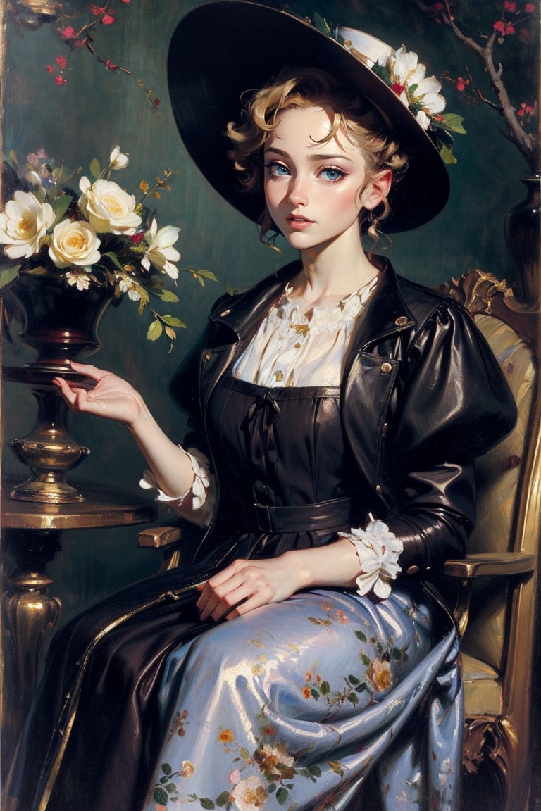 A girl wearing a floral dress, a flowered hat, capturing the essence of Manet's 'Spring', scenery,
(masterpiece, top quality, best quality, official art, beautiful and aesthetic:1.2), extreme detailed, highest detailed, ,Masterpiece,Color Booster