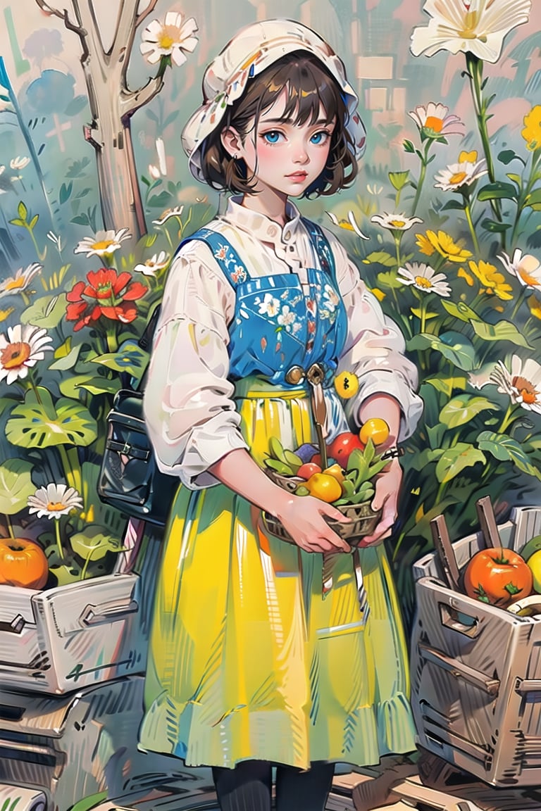 A medieval girl in traditional dress, vegetables and fruits, at a farmer's market, mysterious medieval, masterpiece,High detailed,CrclWc,Detail,watercolor,simplecats,swedish dress