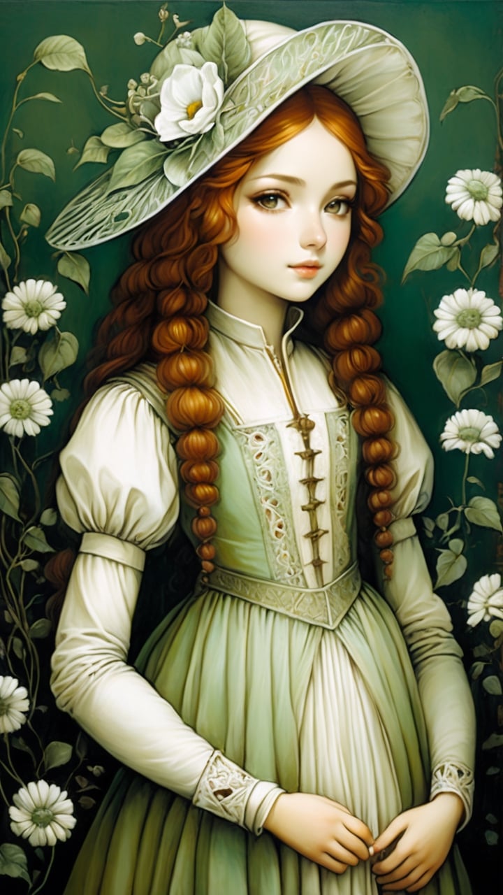 A protrait, resplendent ornate girl in the garden, wearing light green and white folk dress, by Leonardo da Vinci, in the style of esao andrews