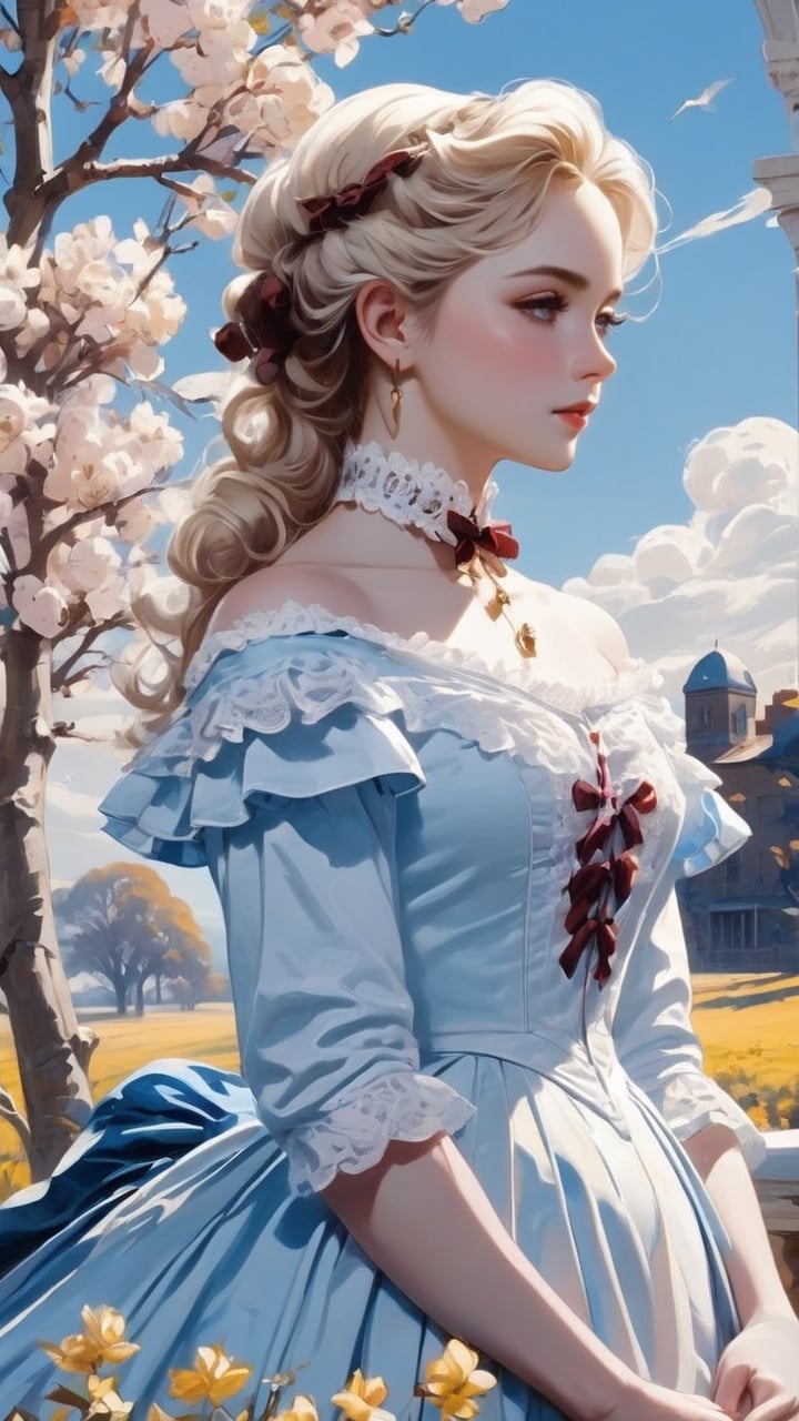 A girl in the Victorian era, outdoor, blue sky, (masterpiece, top quality, best quality, official art, beautiful and aesthetic:1.2), (1girl:1.4), blonde hair, portrait, extreme detailed, highest detailed, springtime,colorful,victorian dress,hoopdress