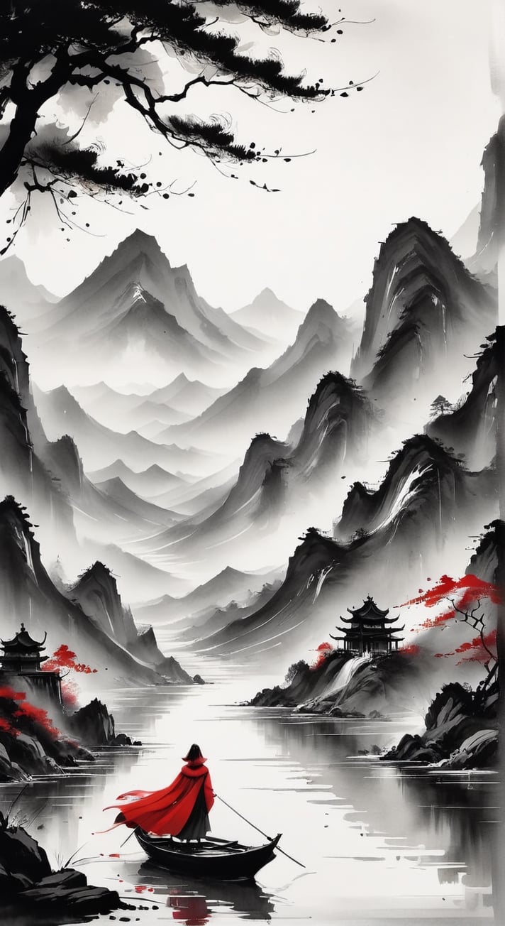 (A woman in red cape) stands at the bow of a boat in a Chinese ink painting, with a distant mountain and ample empty space.,ink scenery,SelectiveColorStyle, selective color red