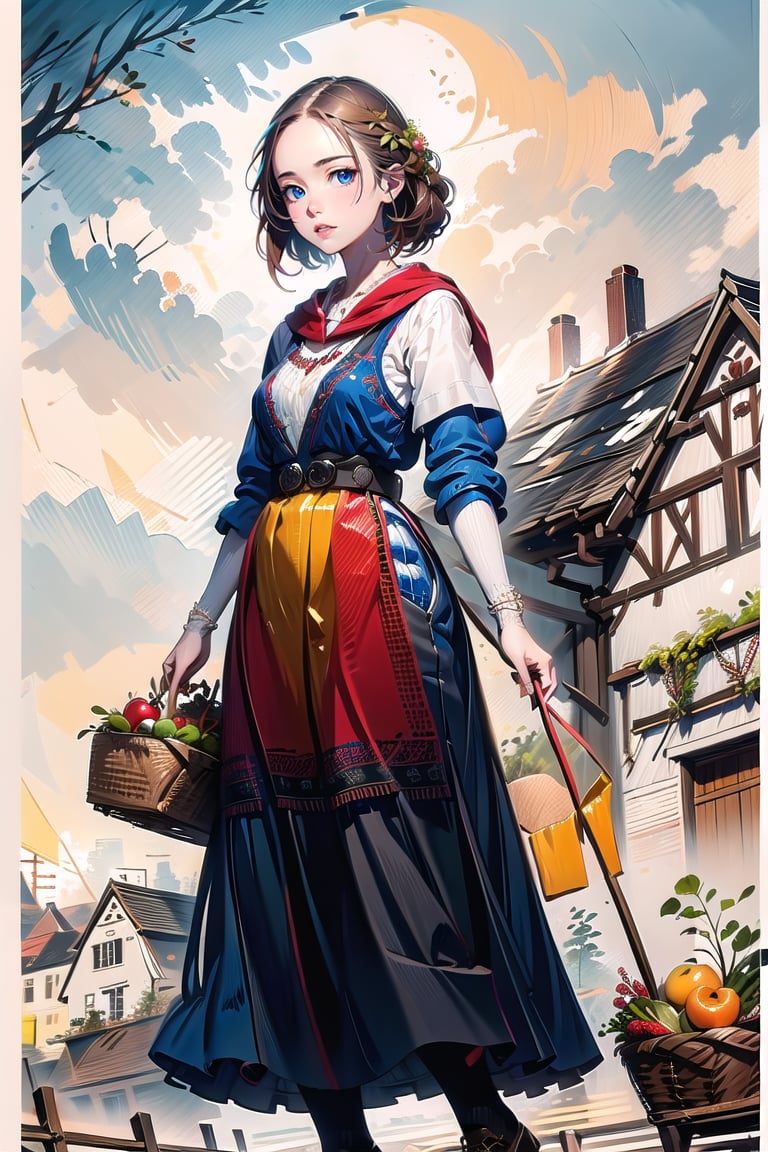 A medieval girl in traditional dress, vegetables and fruits, at a farmer's market, mysterious medieval, masterpiece,High detailed,CrclWc,Detail,Half-timbered Construction,INK art,swedish dress