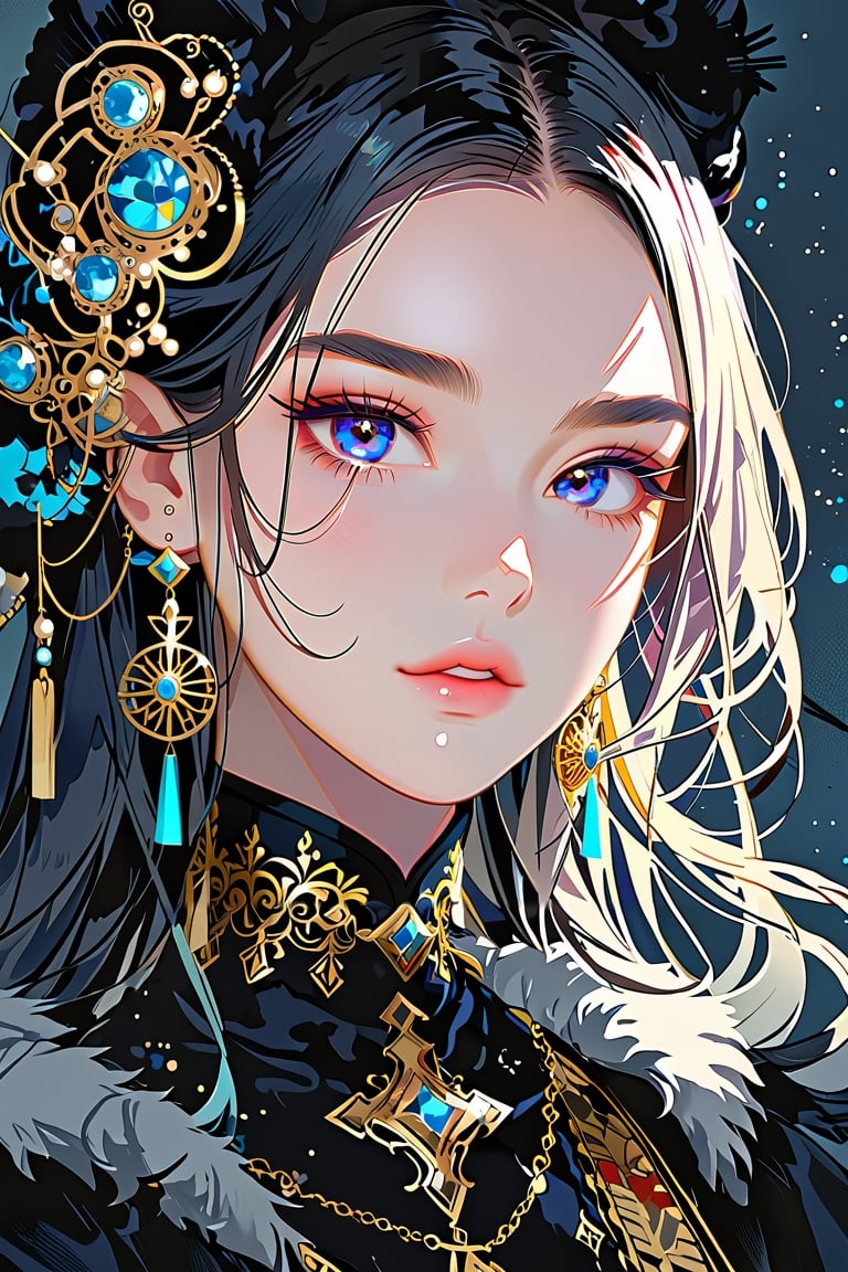 1girl, solo, long hair, looking at viewer, blue eyes, simple background, hair ornament, hair between eyes, jewelry, upper body, earrings, lips, fur trim, eyelashes, gem, tassel, portrait, beads, Yanjun Cheng style, hazy beauty, emo, (sharp eyes:1.4), (rebellious:1.4), (fierce:1.4), tight lips. Intricate earrings, dirty worn hardcore style, long boots, creating a magical style, high brightness and low color palette, masterpiece,dark moody atmosphere