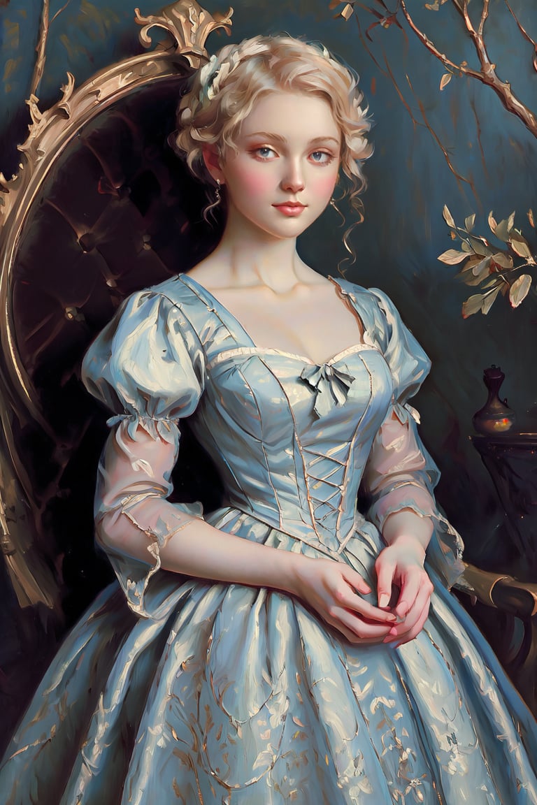 A girl in the Victorian era, promenade attire, coordinated colors. (masterpiece, top quality, best quality, official art, beautiful and aesthetic:1.2), (1girl:1.4), blonde hair, extreme detailed, highest detailed,oil painting