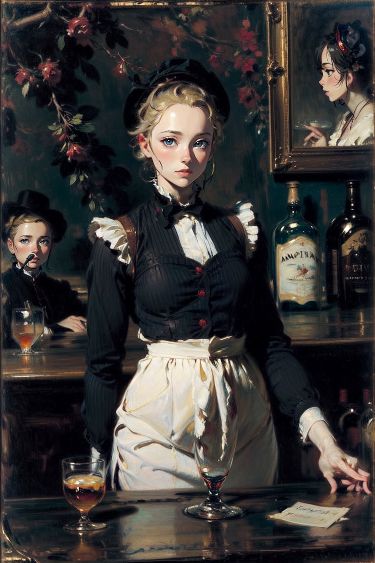 In a bustling Parisian bar with a bartender and patrons engaged in lively conversations, with reflections of the barmaid and the surrounding atmosphere in the mirrors behind. Capturing the essence of Manet's 'A Bar at the Folies-Bergeres'. 1girl, 
Masterpiece,oil painting,High detailed,masterpiece,classic painting