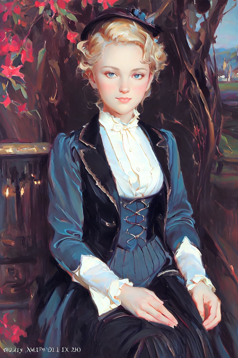 A girl in the Victorian era, promenade attire, coordinated colors. outdoor, (masterpiece, top quality, best quality, official art, beautiful and aesthetic:1.2), (1girl:1.4), blonde hair, extreme detailed, highest detailed,oil painting