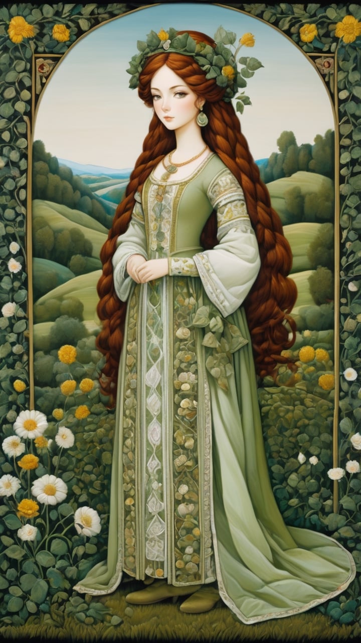 A protrait, resplendent ornate girl in the garden, wearing light green and white folk dress, by Leonardo da Vinci, in the style of esao andrews