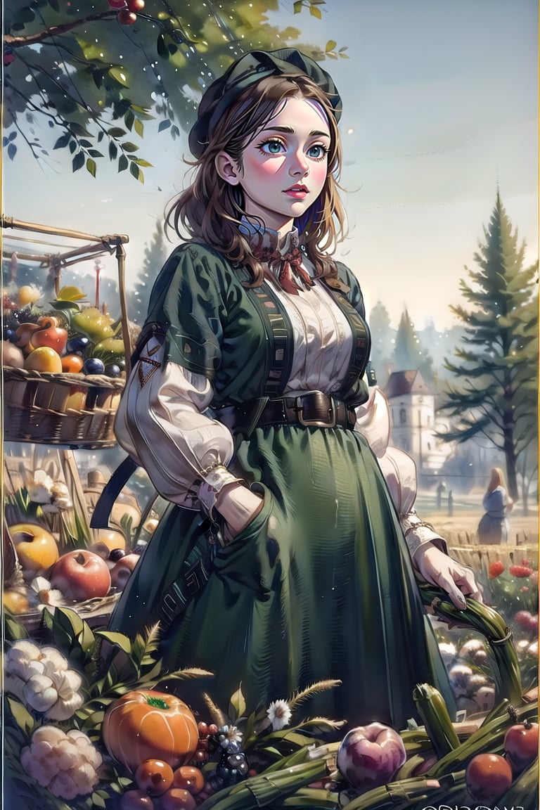 A medieval girl in traditional dress, vegetables and fruits, at a farmer's market, mysterious medieval, masterpiece,High detailed,CrclWc,ukrainian dress