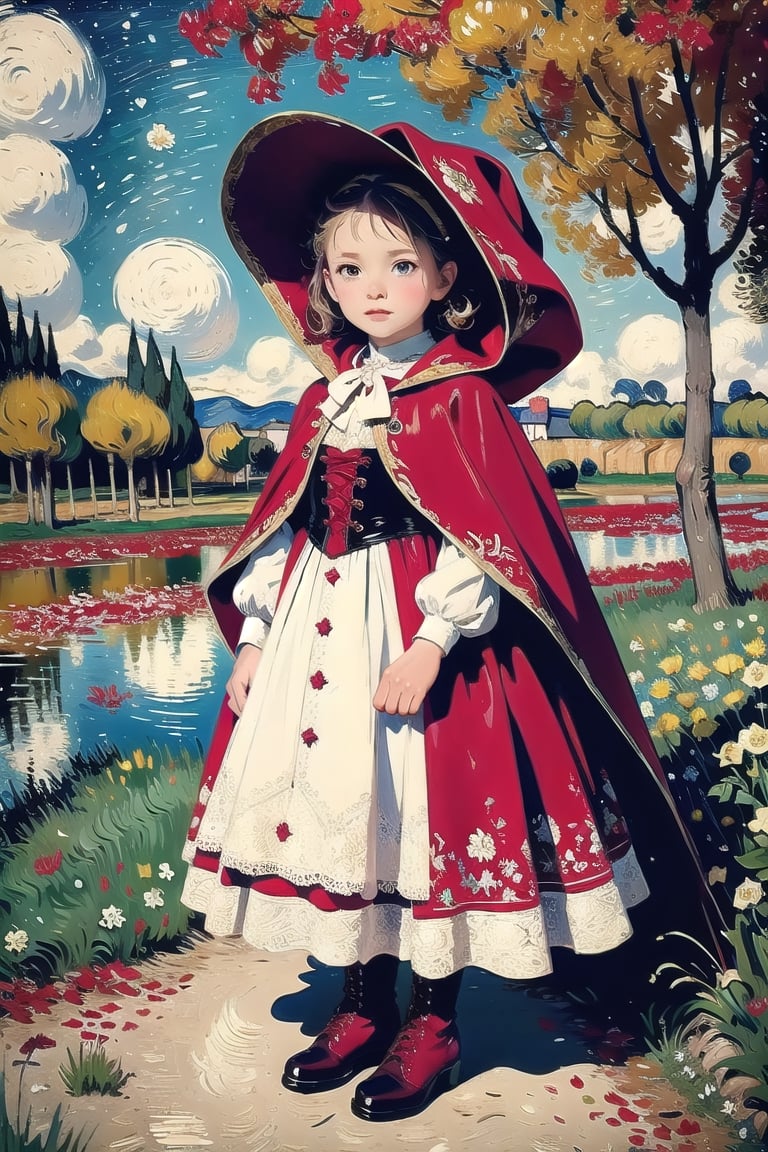 1 little girl, masterpiece, beautiful details, perfect focus, uniform 8K wallpaper, high resolution, exquisite texture in every detail, white background, flowers, outdoor, sky, looking at camera, skp style, greeting card style captures fairytale essence, hyper detailed whimsical "Little Red Riding Hood" with sparkling beautiful eyes, full body shot, ral-vltne, elaborate riding hood cape outfit, dress of vibrant reds, lace up victorian boots on her feet.Vincent van Gogh style,impressionism