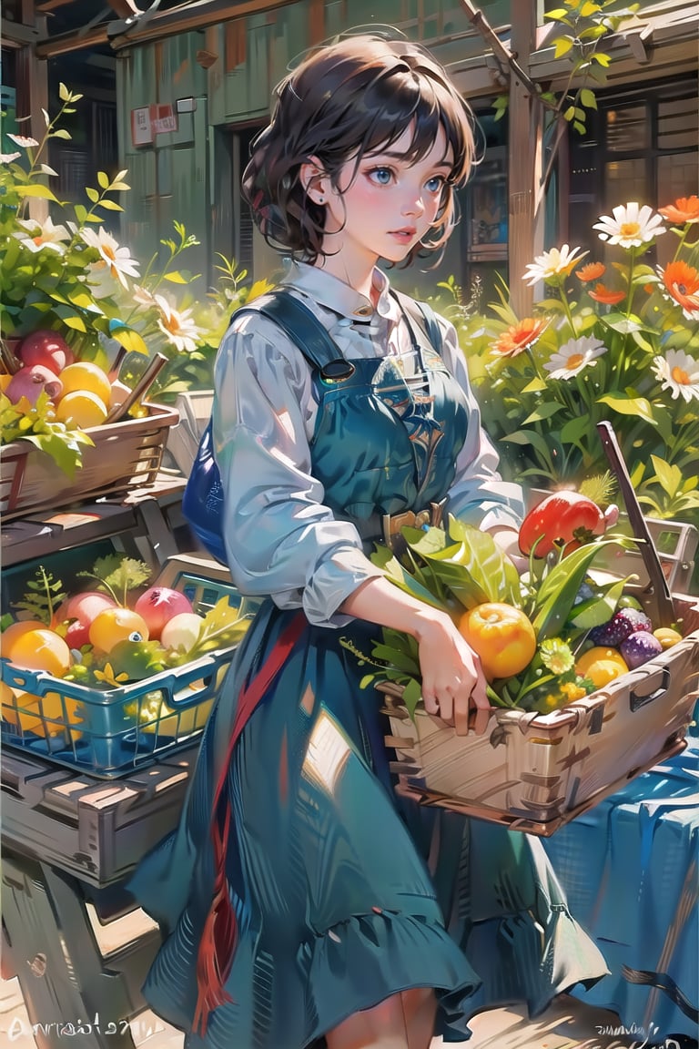 A medieval girl in traditional dress, vegetables and fruits, at a farmer's market, mysterious medieval, masterpiece,High detailed,watercolor,swedish dress