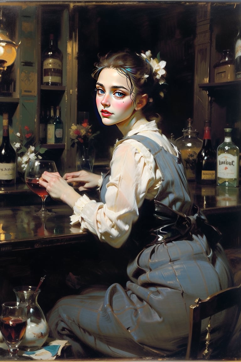 In a bustling Parisian bar with a bartender and patrons engaged in lively conversations, with reflections of the barmaid and the surrounding atmosphere in the mirrors behind. Capturing the essence of Manet's 'A Bar at the Folies-Bergeres'. 1girl, 
Masterpiece,oil painting,High detailed,masterpiece,classic painting