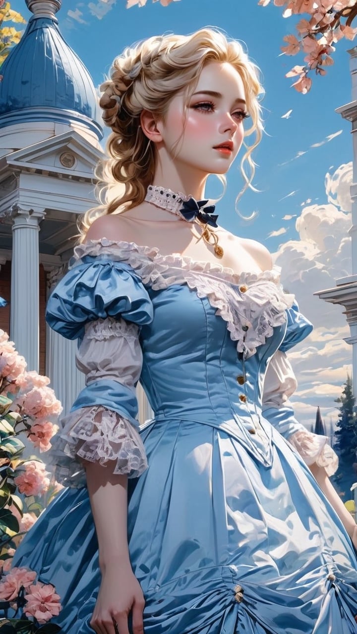 A girl in the Victorian era, outdoor, blue sky, (masterpiece, top quality, best quality, official art, beautiful and aesthetic:1.2), (1girl:1.4), blonde hair, portrait, extreme detailed, highest detailed, colorful,victorian dress,hoopdress,