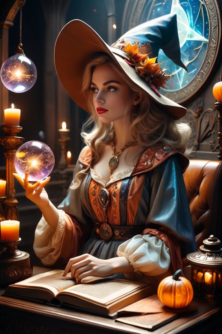 (masterpiece, top quality, best quality, official art, beautiful and aesthetic:1.2), A witch engrossed in the study of magic, glowing magic array on the spellbook,  (dimly lit workshop:1.2).  portrait, extreme detailed, highest detailed, simple background, 16k, high resolution, perfect dynamic composition, (sharp focus:1.2), super wide angle, high angle, high color contrast, medium shot, depth of field, blurry background,