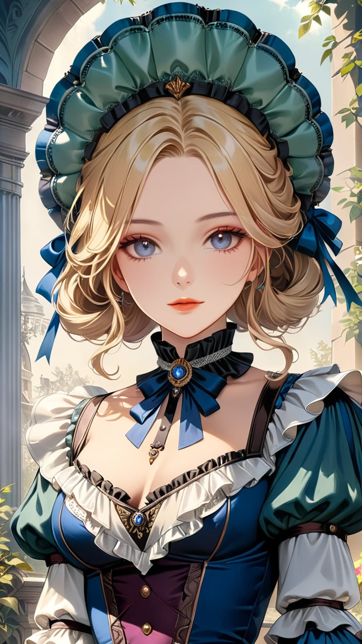 A girl in the Victorian era, outdoor, (masterpiece, top quality, best quality, official art, beautiful and aesthetic:1.2), (1girl:1.4), blonde hair, portrait, extreme detailed, highest detailed, colorful, ruff, puff, mantelet, bonnet, hoopdress