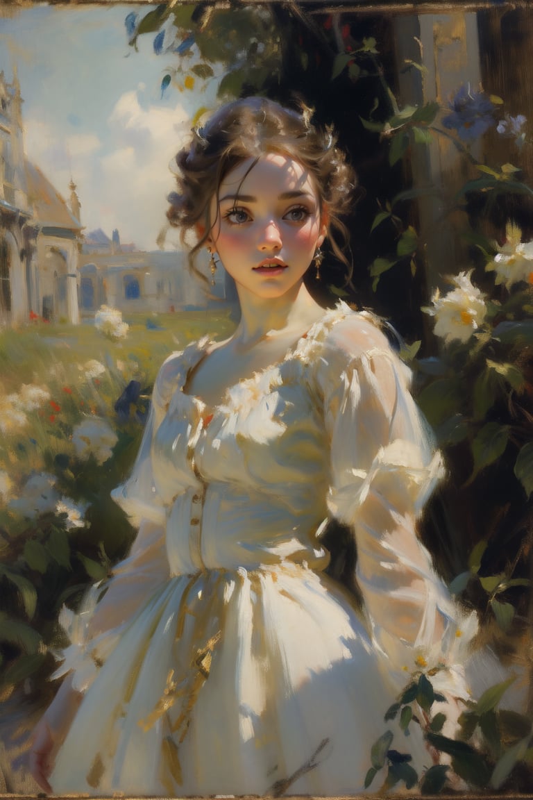 Renoir's Portrait of Mademoiselle Irene Cahen d'Anvers, capturing the charm of the girl amidst a garden backdrop, her gaze filled with curiosity and wonder, white dress, oil painting,masterpiece