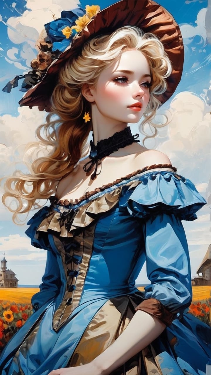 A girl in the Victorian era, outdoor, blue sky, (masterpiece, top quality, best quality, official art, beautiful and aesthetic:1.2), (1girl:1.4), blonde hair, portrait, extreme detailed, highest detailed, springtime,colorful,victorian dress,hoopdress, in the style of esao andrews