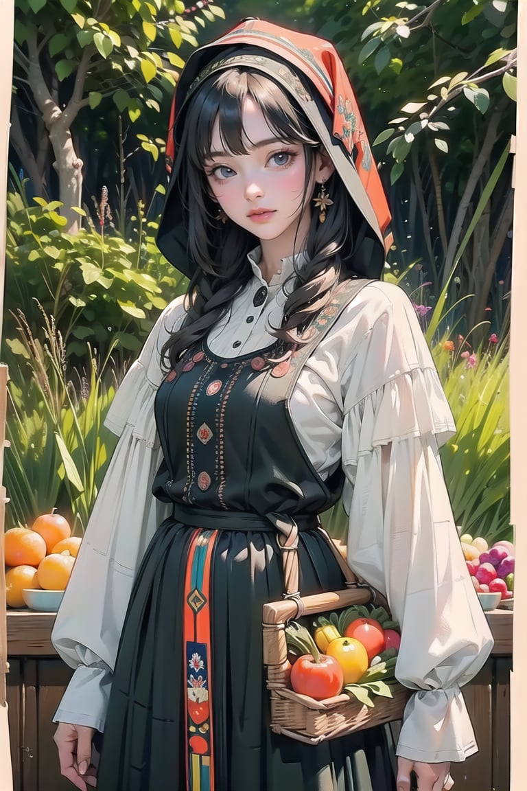 A medieval girl in traditional dress, vegetables and fruits, at a farmer's market, mysterious medieval, masterpiece,High detailed,watercolor,slavic dress